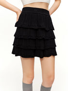 DUSHU Ruffled Knitted Skirt Spring Black Elastic Waist Cake Mini Skirt Ruched Ruffles Sweet Straight Leisure Korean Style PlatiNum