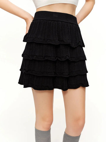 DUSHU Ruffled Knitted Skirt Spring Black Elastic Waist Cake Mini Skirt Ruched Ruffles Sweet Straight Leisure Korean Style PlatiNum