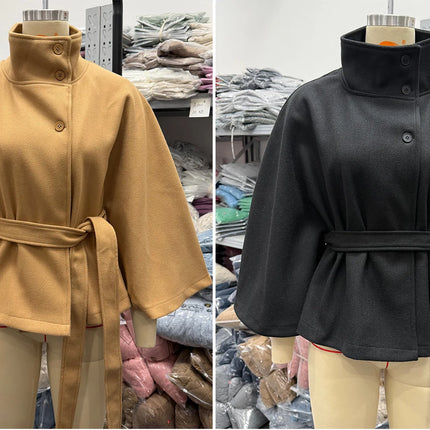 Women Lace Up High Neck Jackets for Women with Belt Elegant Windbreaker Faux Wool Blends Cape Korean Solid Windbreaker Cloak
