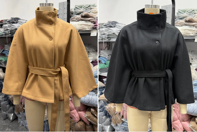 Women Lace Up High Neck Jackets for Women with Belt Elegant Windbreaker Faux Wool Blends Cape Korean Solid Windbreaker Cloak