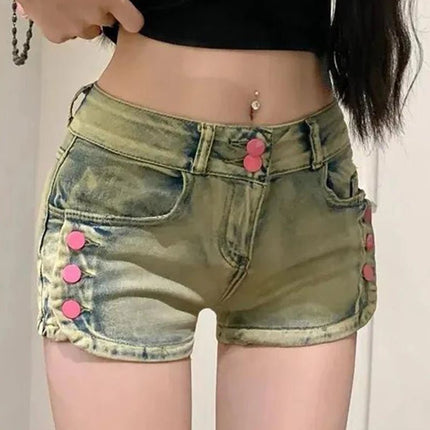 Shorts in denim rosa con bottoni stile American High Street da donna, Y2K, sexy, skinny, slim, vintage, a vita bassa, lavati e distressed. - platinumshop