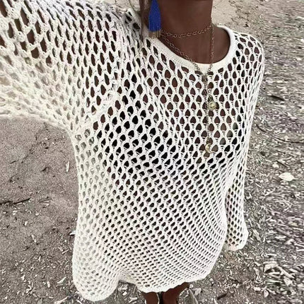 Abito Estivo Casual a Maniche Lunghe con Collo Tondo, Stile Spiaggia, Copricostume Traforato con Design Semplice e Aderente platinumshop