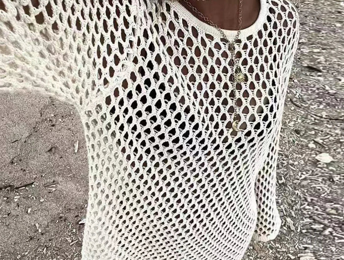 Abito Estivo Casual a Maniche Lunghe con Collo Tondo, Stile Spiaggia, Copricostume Traforato con Design Semplice e Aderente platinumshop