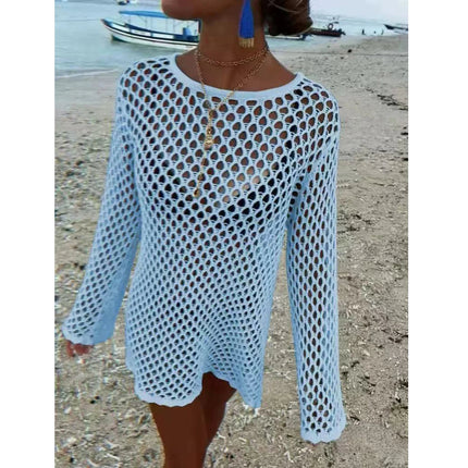 Abito Estivo Casual a Maniche Lunghe con Collo Tondo, Stile Spiaggia, Copricostume Traforato con Design Semplice e Aderente platinumshop