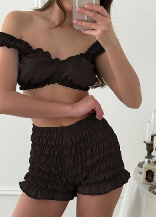 Pigiama da donna HiLoc in raso sexy, completo due pezzi con top corto e pantaloncini a vita elasticizzata con arricciatura, tinta unita, per casa.