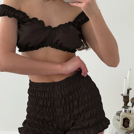Pigiama da donna HiLoc in raso sexy, completo due pezzi con top corto e pantaloncini a vita elasticizzata con arricciatura, tinta unita, per casa.