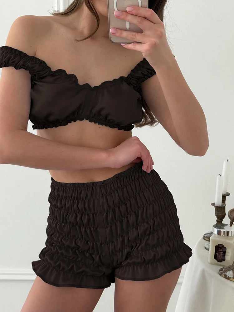 Pigiama da donna HiLoc in raso sexy, completo due pezzi con top corto e pantaloncini a vita elasticizzata con arricciatura, tinta unita, per casa.