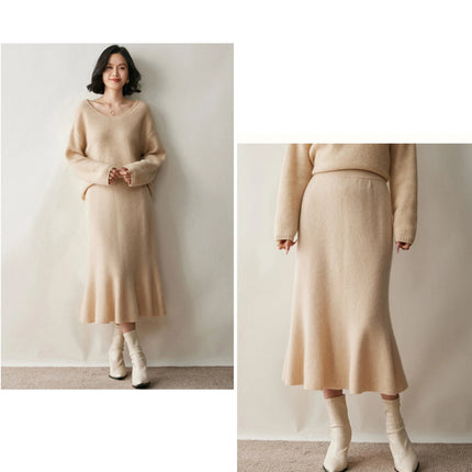 Autumn Winter Women New 100% Cashmere Fishtail Skirt  Mid Length Slimming High Waisted Knitted Umbrella Skirt Elegant Dress PlatiNum