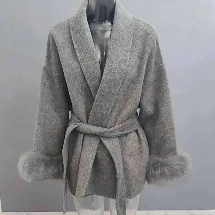 UCXQ Elegant OL Office Lady Overcoats Fur Patchwork Long Sleeve Woolen Coat Beautiful Women's Clothing Jacket Autumn 2025 Winter