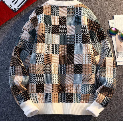 New Fashion Men Plaid Pullover Winter Sweaters Outwear Loose Casual Knitted Sweaters Male O-neck Pullovers Sweatercoats Size 4XL