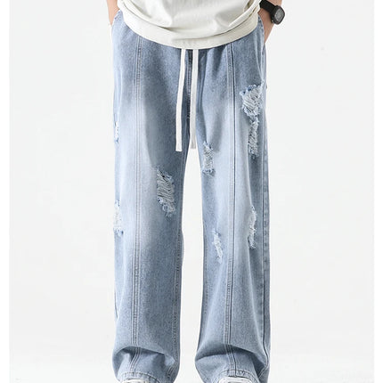 Jeans strappati estivi da uomo Gamba dritta ampia Retro da uomo Disegna corda Porta Pantaloni casual tutto-fiammifero di marca di moda