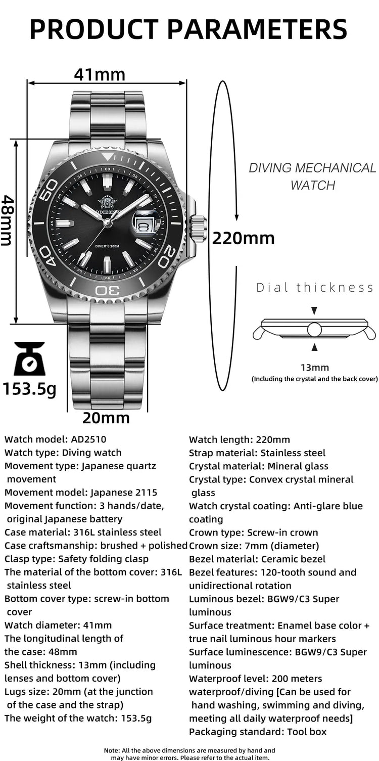 ADDIESDIVE New AD2510 Luxury Men's Diving Watch 41mm BGW9 Luminous Enamel Dial Screw-down Crown Durable Stainless Steel Strap