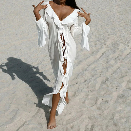 Sexy scollo a V increspato manica lunga Nero Bianco Nuova tunica in chiffon Beach Cover Up Cover-up Abito Protezione solare Beachwear Abbigliamento donna platinumshop