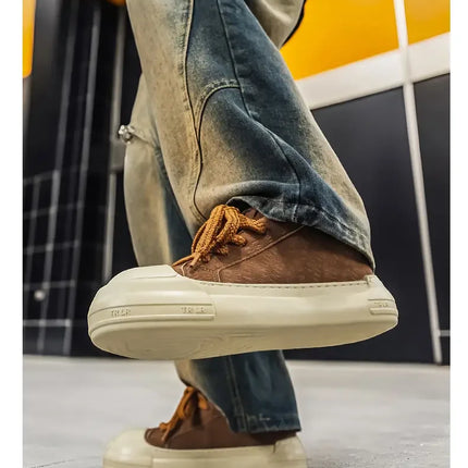 Toe Thick Sole Platform Men Sneakers Lace Up Patchwork Fashion New Trend Casual Trainer Shoes Thick Bottomed All Season
