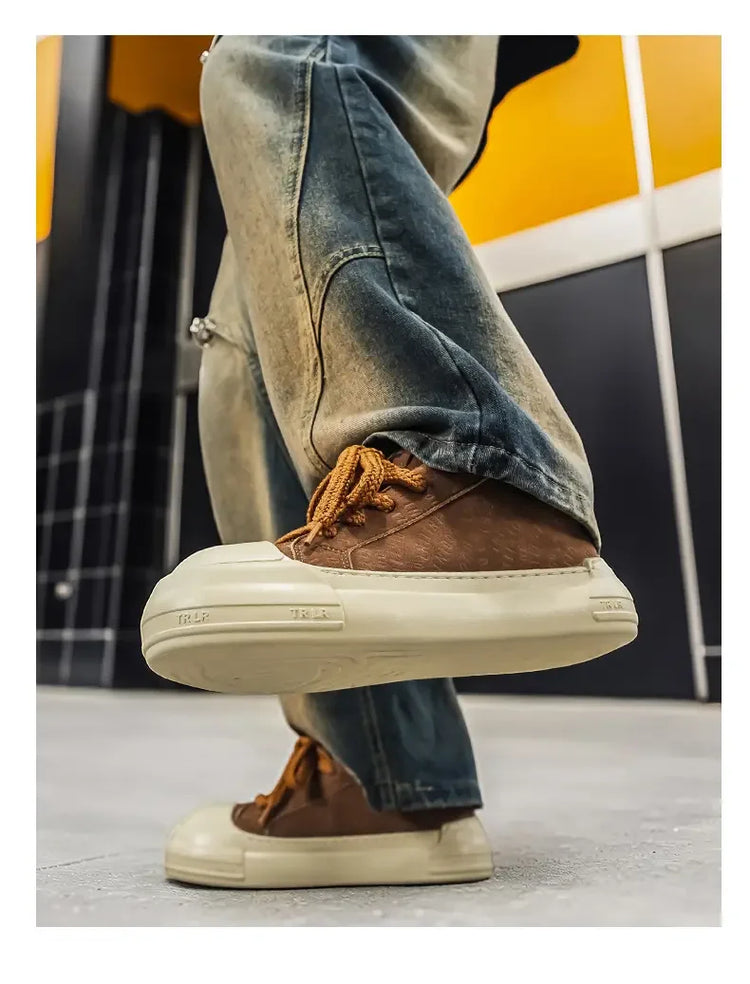 Toe Thick Sole Platform Men Sneakers Lace Up Patchwork Fashion New Trend Casual Trainer Shoes Thick Bottomed All Season