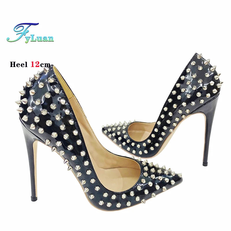 Super Thin Heel 8 10 12CM Sexy All Spikes Rivets Women Pumps Pointed Toe Super High Heels Party Nightclub Fashion Shoes Size 46