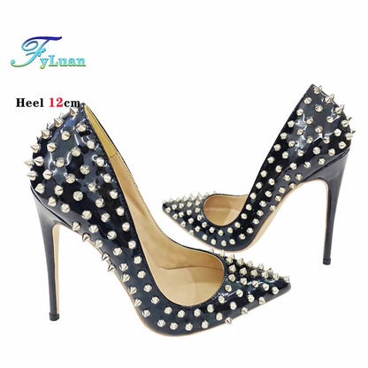 Super Thin Heel 8 10 12CM Sexy All Spikes Rivets Women Pumps Pointed Toe Super High Heels Party Nightclub Fashion Shoes Size 46