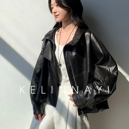 Waxed Sheepskin Genuine Leather Moto Biker Jacket Women Cropped Stand Collar Zip Up Snap Button Loose Casual Autumn Outwear 2026
