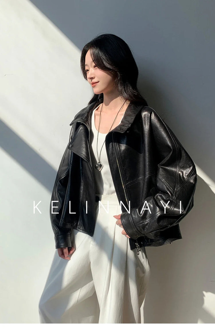 Waxed Sheepskin Genuine Leather Moto Biker Jacket Women Cropped Stand Collar Zip Up Snap Button Loose Casual Autumn Outwear 2026