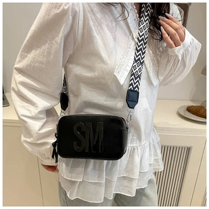 Chic SM Letter Camera Bags, Stylish Women’s Crossbody Small Square Purses with Wide Patterned Straps, Perfect for Daily Casual PlatiNum