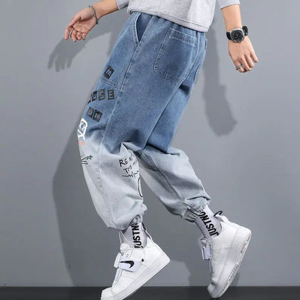 Men's Distressed Denim Pants Cuffed, Artistic Gradient Harem Jeans, Oversized Hip Hop Trousers for Spring Fall Versatile Outfits PlatiNum
