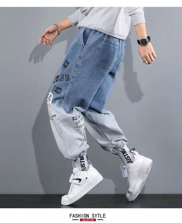Men's Distressed Denim Pants Cuffed, Artistic Gradient Harem Jeans, Oversized Hip Hop Trousers for Spring Fall Versatile Outfits PlatiNum