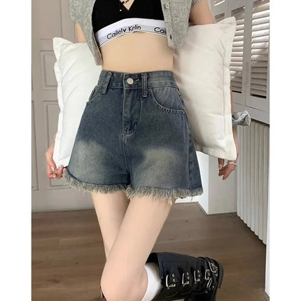 Women's retro vintage high waisted denim shorts thin casual summer with fringed edges slim and spicy A-line wide leg hot pants PlatiNum
