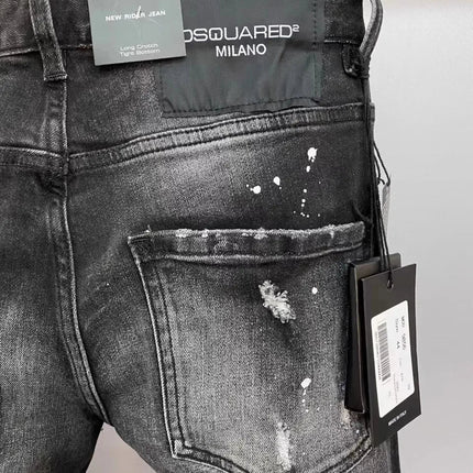 Light Luxury Washed Jeans Men's Trendy Brand Ruffian Handsome Black Ripped Patch Slim Fit Small Feet Casual Long Pants PlatiNum