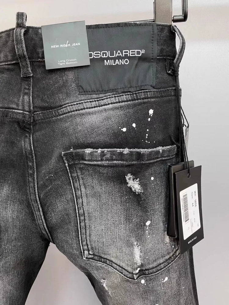 Light Luxury Washed Jeans Men's Trendy Brand Ruffian Handsome Black Ripped Patch Slim Fit Small Feet Casual Long Pants PlatiNum