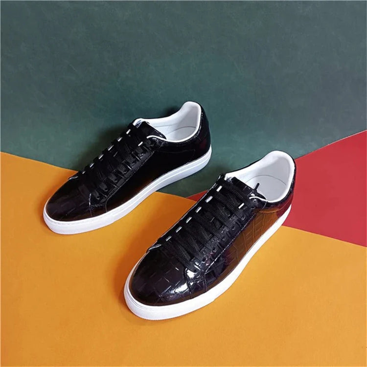 Men's High Quality Flats Cow Leather Sneakers Flat Round Toe Laces Black Daily Board Casual Shoes Luxury Business Footwear