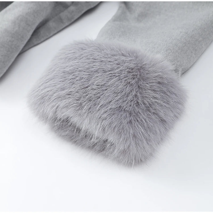Women Grey Fur Splicing Woolen Coat Casual Belt Full Sleeve Lapel Loose Cardigan Outwear 2025 Lady Winter New Highstreet Jacket