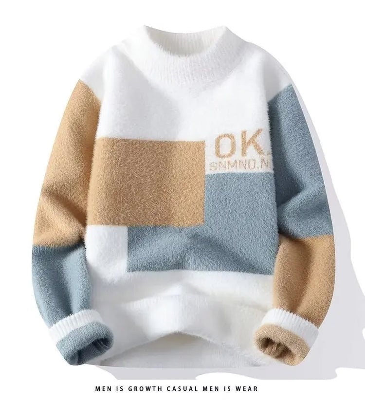 2024 New Men's Plush Sweater Pullovers Korean Winter Warm O Neck Black Sweater High Quality Cool Top Fashionable Men's Clothing