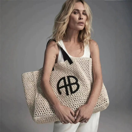 Large Capacity AB Letter Woven Straw Tote Bag, Beach Vacation Women's Striped RIO City Simple Style Casual Travel Bag