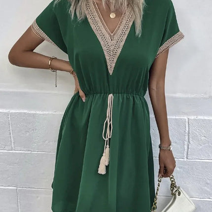 Abito corto longuette da spiaggia femminile con scollo a V in pizzo a maniche corte tinta unita estivo Abiti eleganti da donna in tinta unita bianco dolce platinumshop