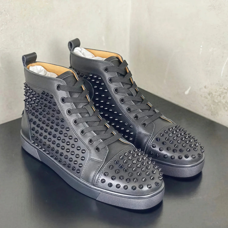 Black Studded Leather Rivets High-Top Sneakers Classic Designer Style Round Toe Men's Sports Shoes Comfort Lace-Up Casual Shoes
