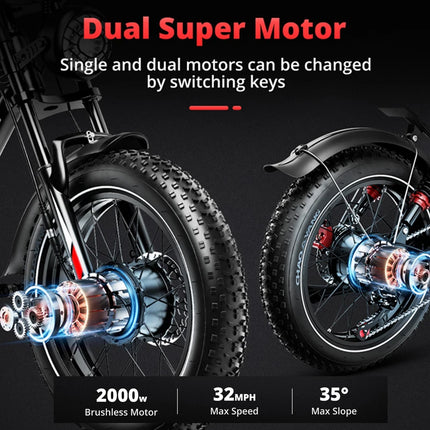 Bicicletta elettrica HiQiS S8 con motore da 25 km/h, 48V 25AH, doppia sospensione, pneumatici fat da 20 pollici, lunga autonomia di 50 km, e-bike per adulti