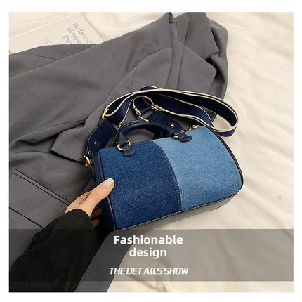 Patchwork Colorblock Mini Handbags For Women Denim Shoulder Cross Body Bags Casual Street Small Boston Bag 2025 Designer Purses PlatiNum