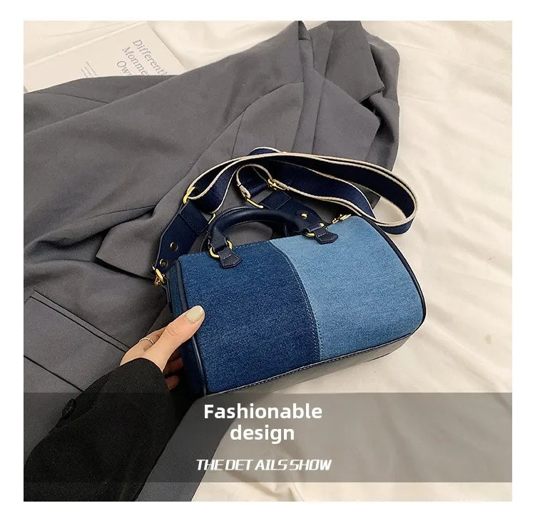 Patchwork Colorblock Mini Handbags For Women Denim Shoulder Cross Body Bags Casual Street Small Boston Bag 2025 Designer Purses PlatiNum