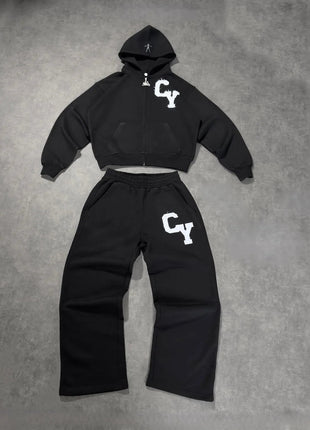 Streetwear Men's Fashion C Y Letter Zipper Set Multiple Colors Available Street Style Relaxed Unique Look Casual Two-Piece Set PlatiNum