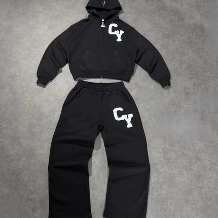 Streetwear Men's Fashion C Y Letter Zipper Set Multiple Colors Available Street Style Relaxed Unique Look Casual Two-Piece Set PlatiNum