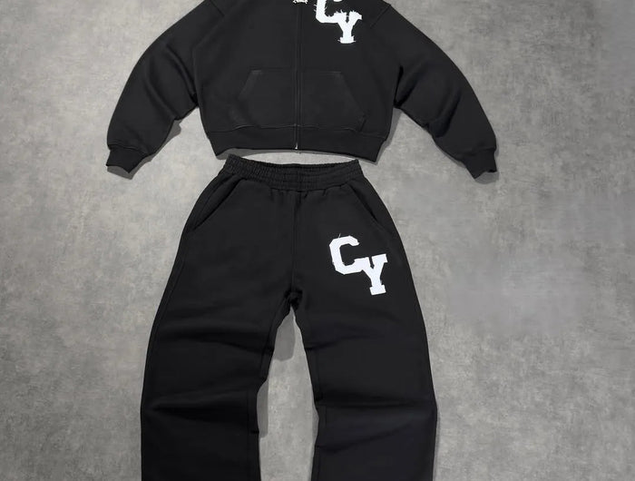 Streetwear Men's Fashion C Y Letter Zipper Set Multiple Colors Available Street Style Relaxed Unique Look Casual Two-Piece Set PlatiNum