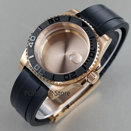 Rose Gold Men Watch Cases Rubber Strap 100 waterproof For NH34 NH35 NH36 movement 28.5mm Dial GMT YACHT-MASTER Case High quality