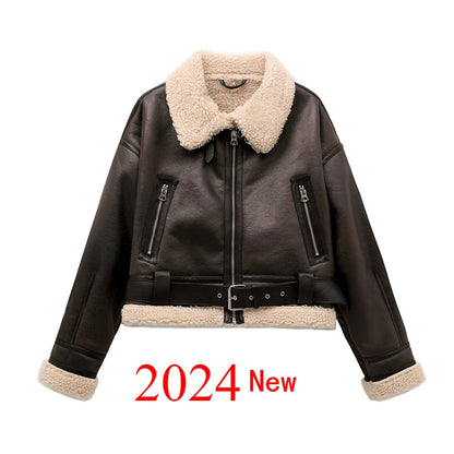 2024 New Woman's Fashion Thick Warm Faux Shearling Jacket Coat Vintage Long Sleeve Belt Hem Female Outerw