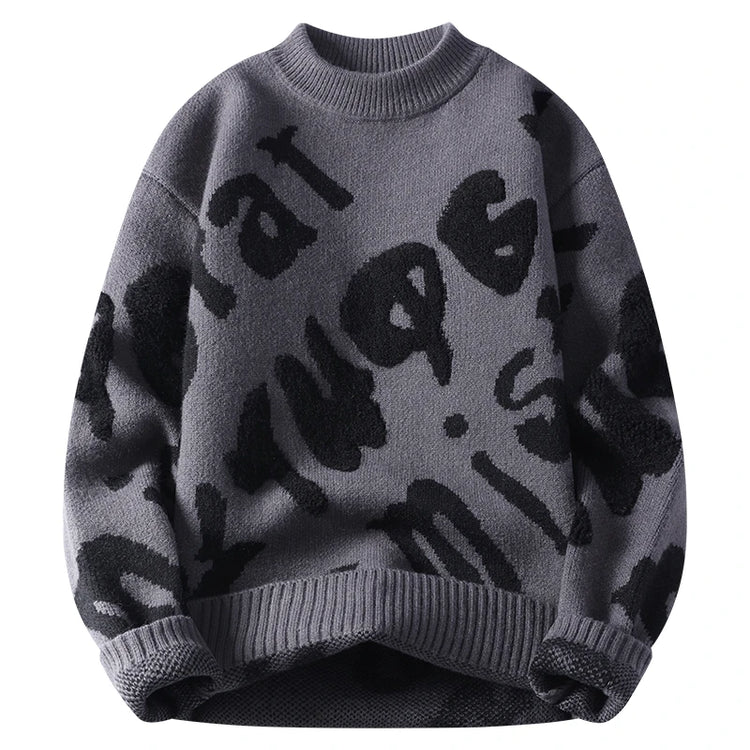 New Trendy Autumn and Winter Jacquard Pattern Pullover Sweater Casual Round Neck Color-Blocking Knit Men's Pullover