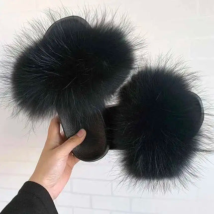 Real Raccoon Fur Slippers for Women 2023 Summer Fluffy Indoor Home Fuzzy Flat Slides Outdoor Fashion Beach Sandals Flip Flops