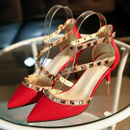 Rivetto Punta a punta Scarpe da donna sexy bianche Estate 2025 Sandali con fibbie per donna Tacchi alti Festa Matrimoni Calzature Tacco spesso H platinumshop