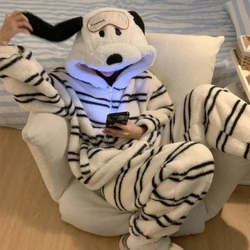 Large Size Snoopy Hooded Pajamas Cloak Pants Kawaii Anime New Cartoon Print Stripes Coral Fleece Thicken Velvet Pajamas Homewear