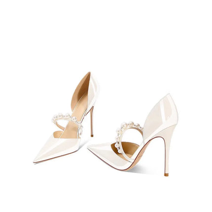 Scarpe da donna con tacco alto a punta Scarpe da sposa bianche francesi in raso con cinturino in strass e perle