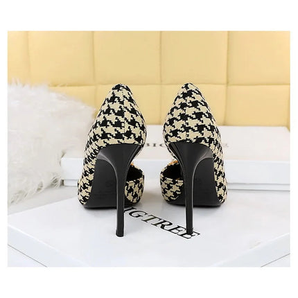 BIGTREE Scarpe 2026 Primavera Donna Pompe Catena di metallo perlato Tacchi alti Grana a quadri Tacchi a spillo Tacchi da donna Scarpe da banchetto di lusso 43 platinumshop