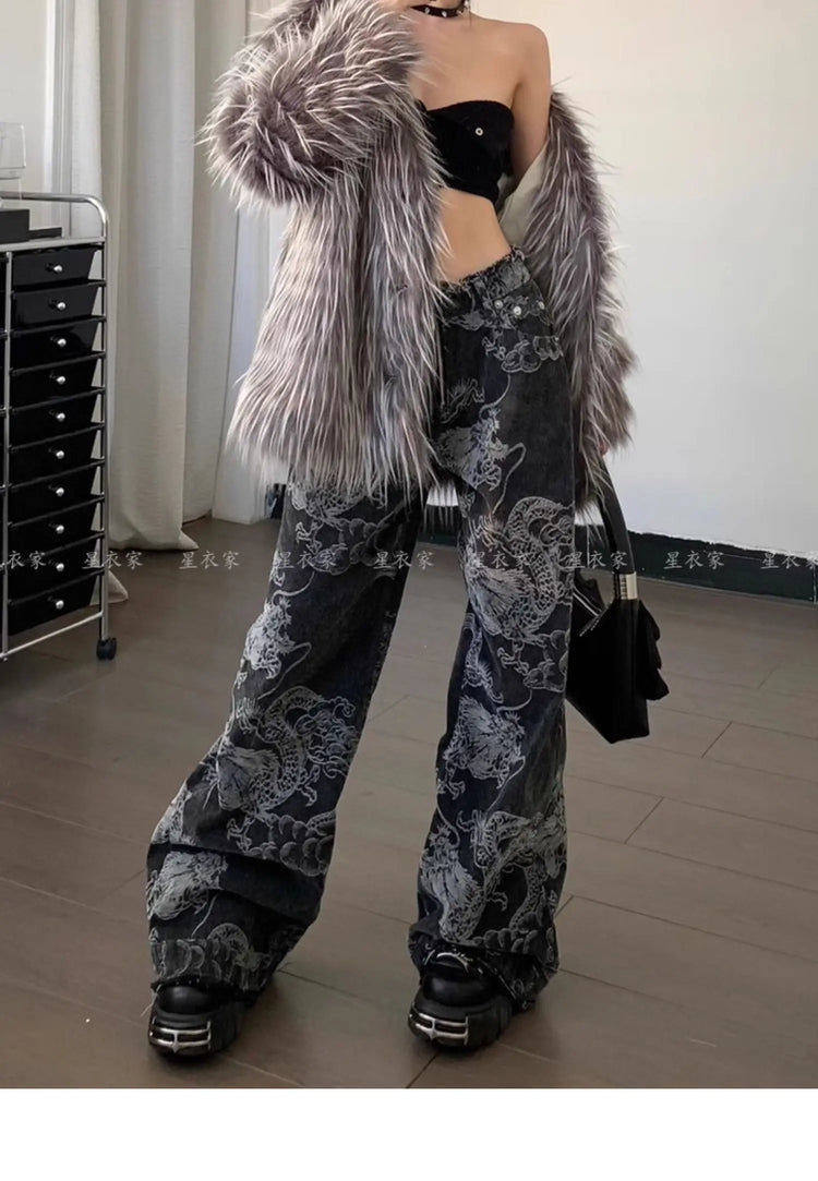 Donne Nero Gotico Drago Stampa Jeans Baggy Vintage Estetica Pantaloni Da Cowboy Harajuku Pantaloni In Denim Y2k Trashy 2000s Vestiti 2024